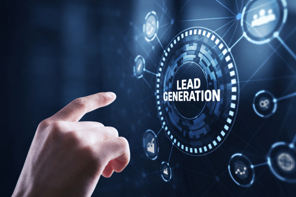 Digital lead generation concept with hand interacting on virtual interface