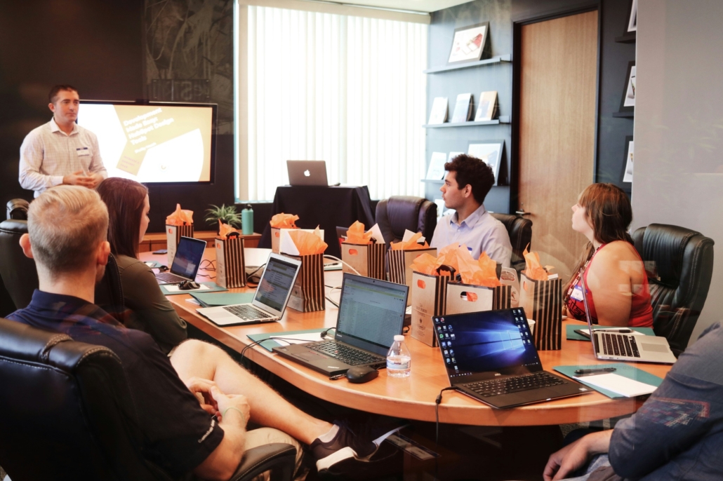 Business meeting with team presentation in conference room